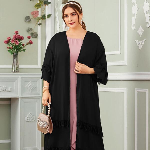 

Plus Scallop Edge Layered Lace Trim Kimono, Black