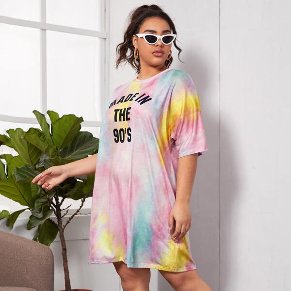 

Plus Slogan Graphic Tie Dye Tee Dress, Multicolor