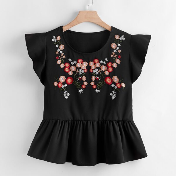 

Plus Floral Embroidery Peplum Blouse, Black
