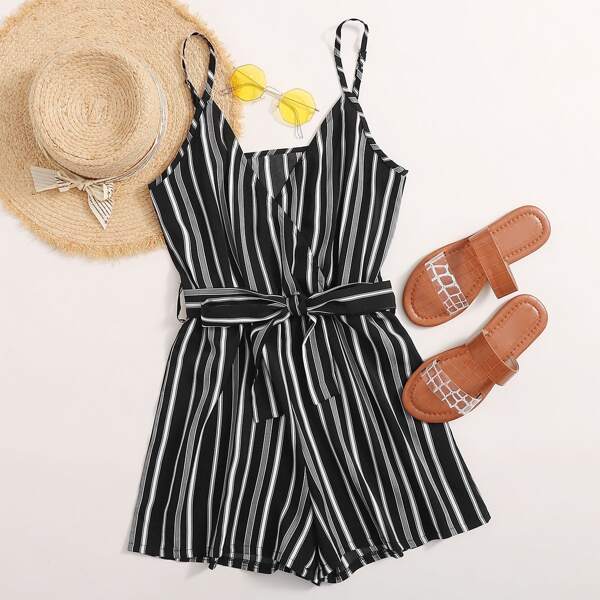 

Striped Self Tie Cami Romper, Black and white