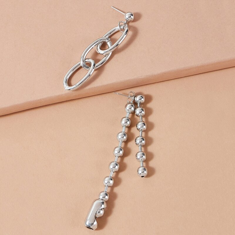 

Chain Shaped Mismatched Drop Earrings, Silver