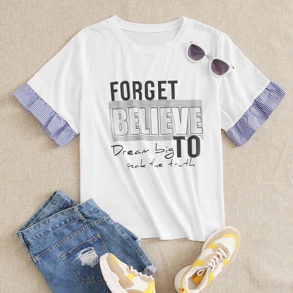 

Plus Slogan Graphic Contrast Striped Cuff Tee, White
