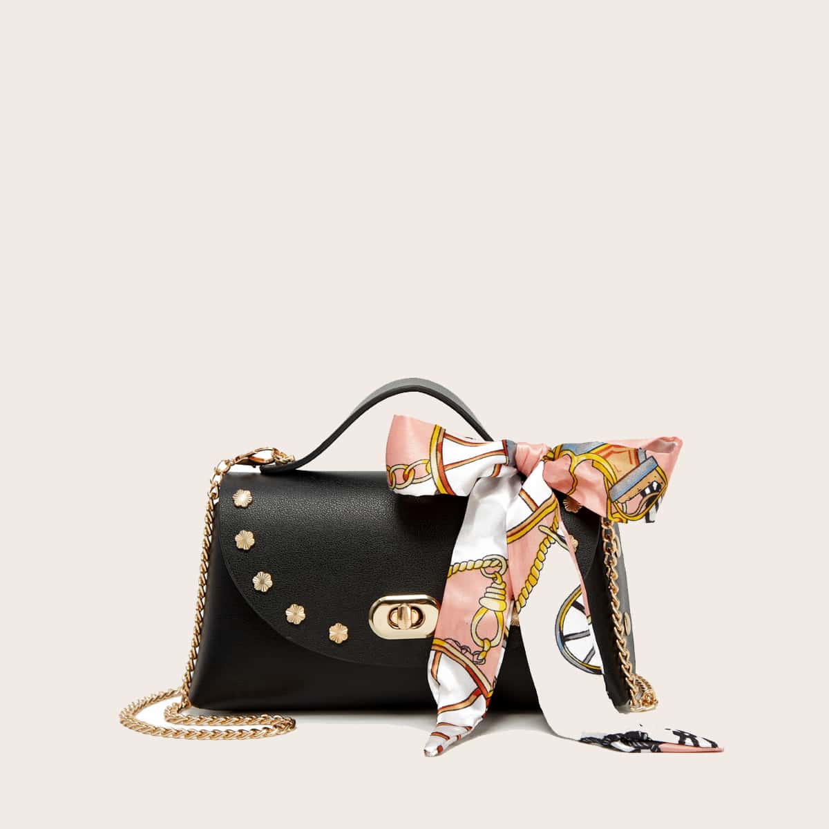 

Twilly Scarf Decor Satchel Bag, Black