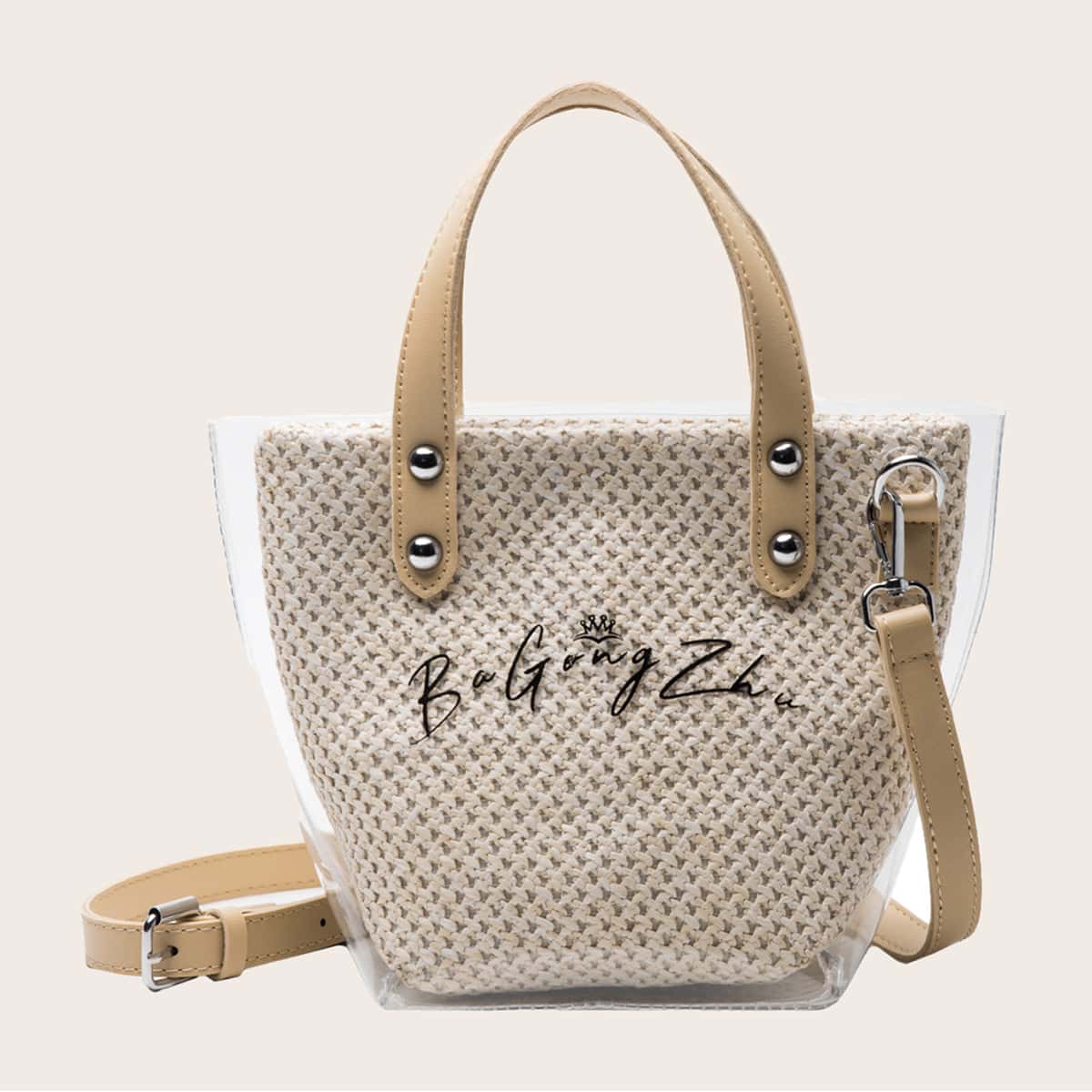 

PVC Cover Woven Satchel Bag, Beige