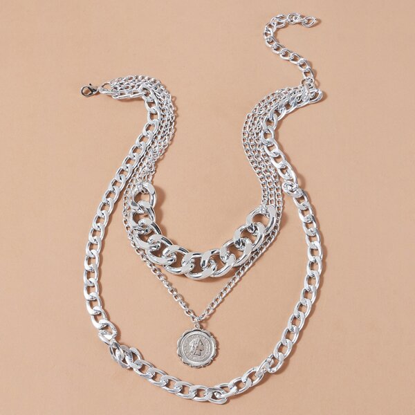 

Figure Coin Charm Layered Necklace, Silver
