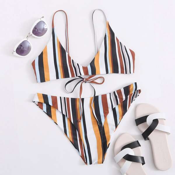 

Striped Cheeky Bikini Swimsuit, Multicolor