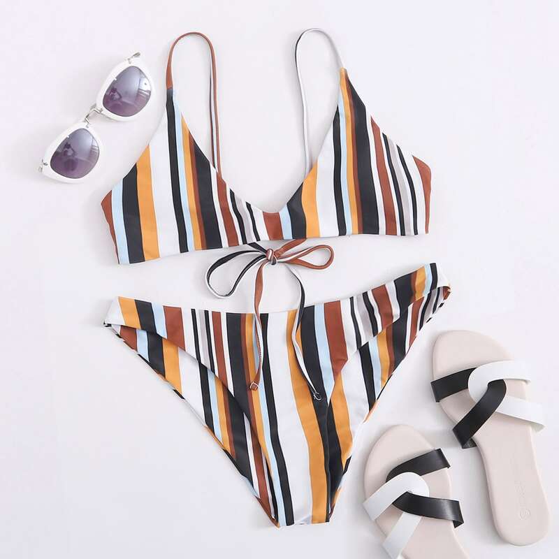 

Striped Cheeky Bikini Swimsuit, Multicolor