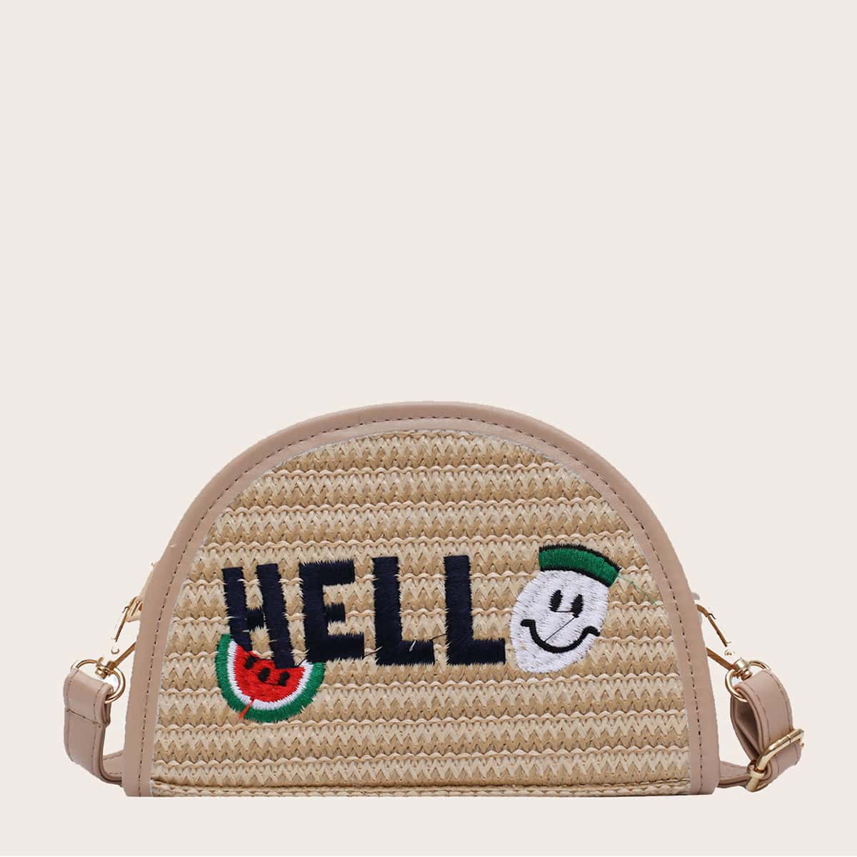 

Letter Embroidered Woven Crossbody Bag, Khaki