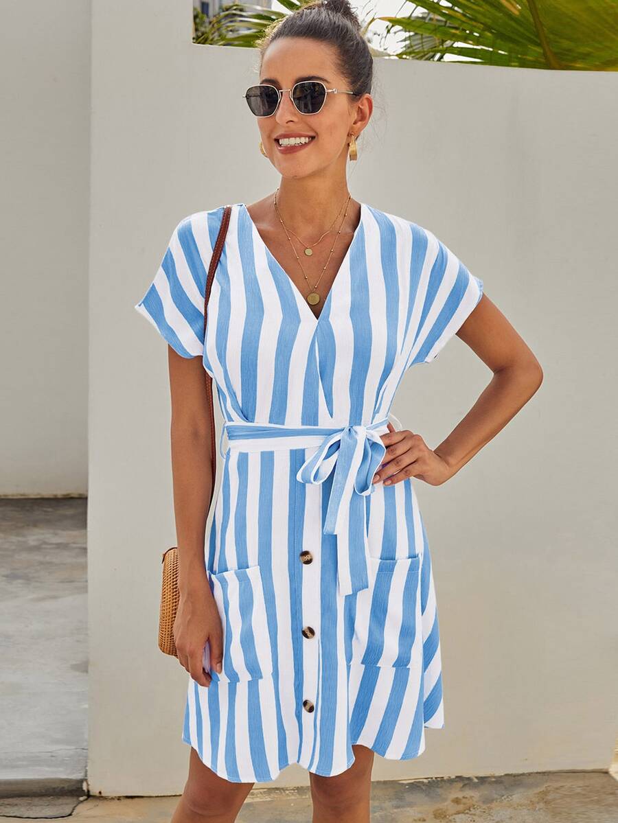 V-neck Button Front Self Tie Striped Dress - Blue - View 1