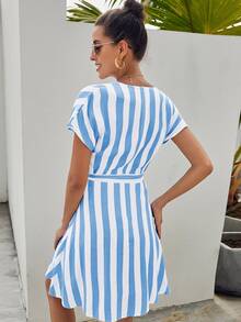 V-neck Button Front Self Tie Striped Dress - Blue - View 2