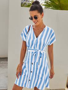 V-neck Button Front Self Tie Striped Dress - Blue - View 3
