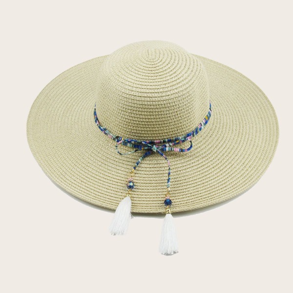 

Tassel Decor Straw Hat, Beige