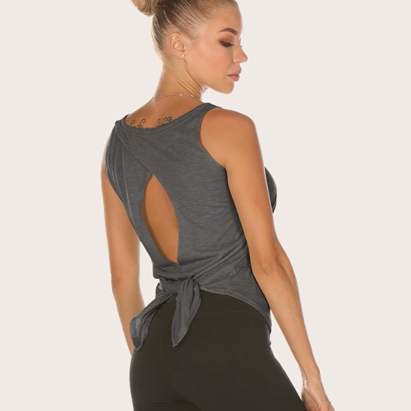 

Cut Out Tie Back Solid Sports Tank Top, Grey