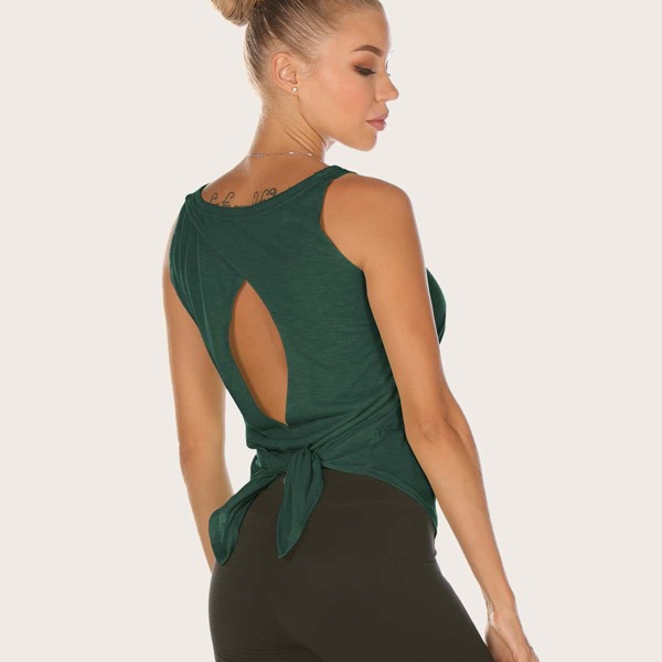 

Cut Out Tie Back Solid Sports Tank Top, Green