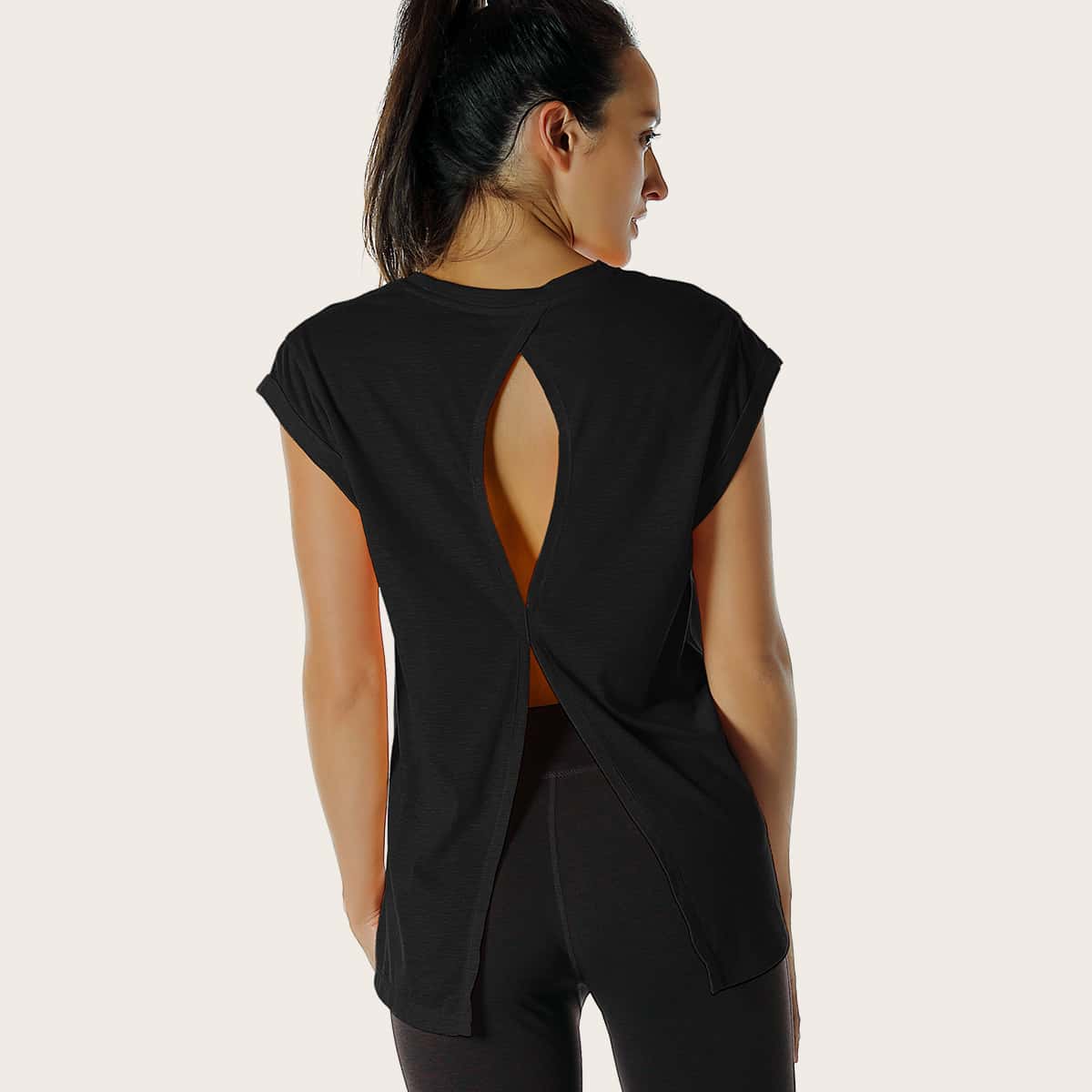 

Cut-out Tie Back Batwing Sleeve Sports Tee, Black