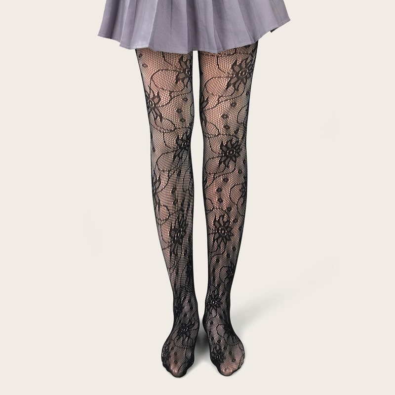 

Floral Pattern Fishnet Socks, Black