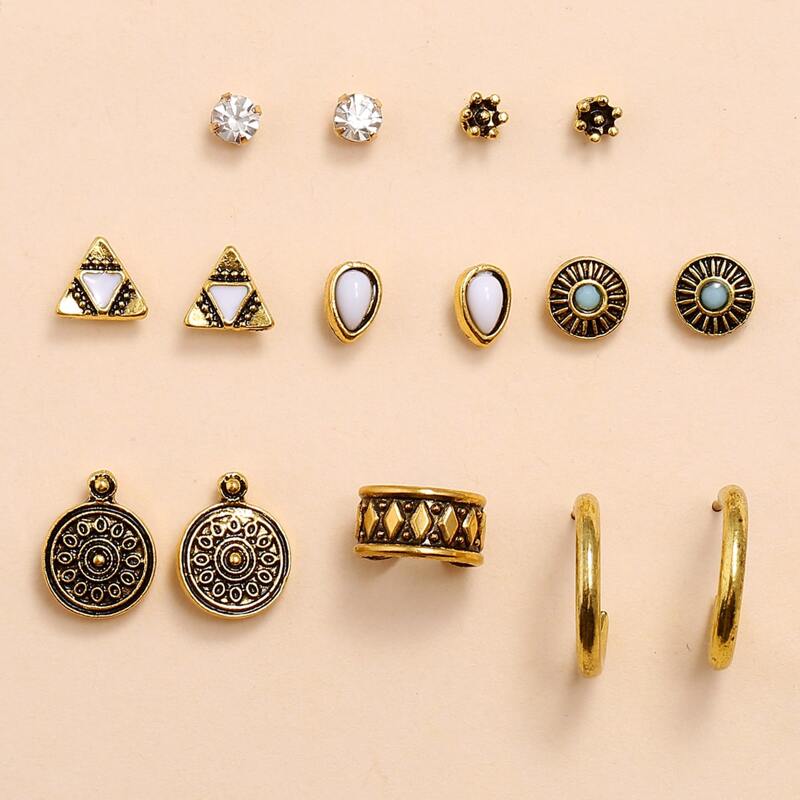 

15pcs Rhinestone Engraved Earrings, Multicolor