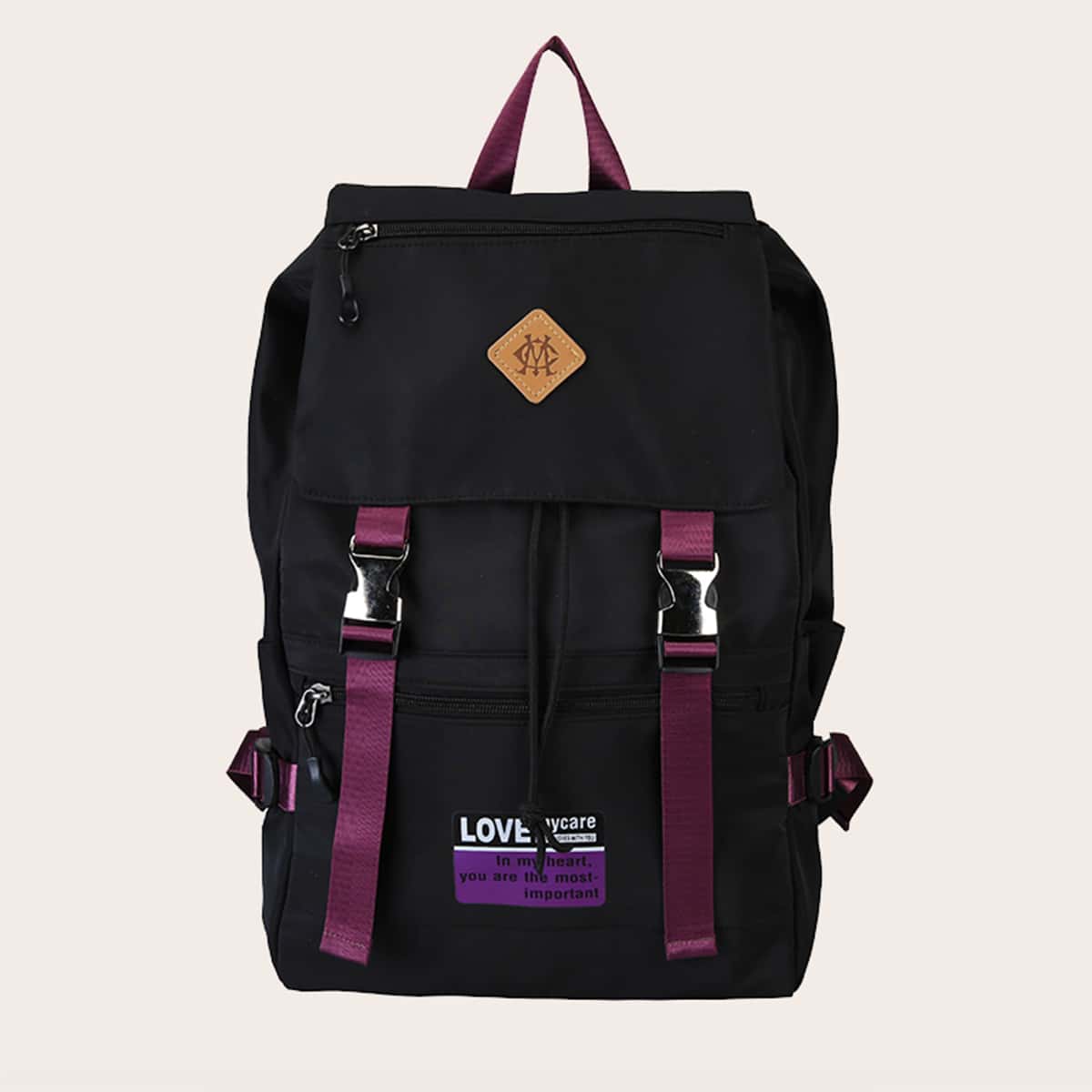 

Release Buckle Front Letter Graphic Backpack, Black