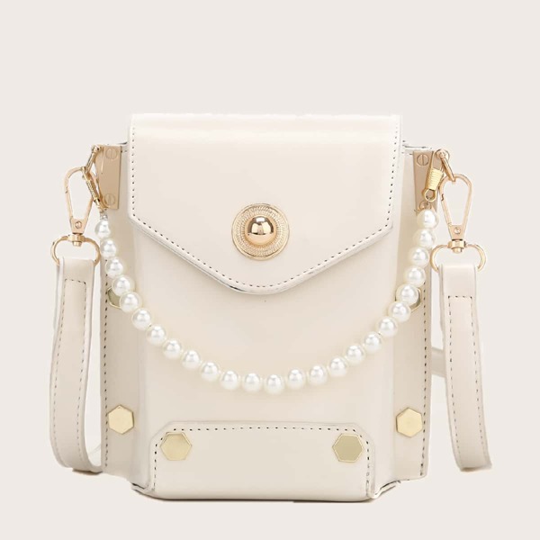 

Faux Pearl Handle Satchel Bag, White