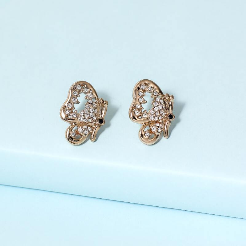 

Rhinestone Engraved Butterfly Earrings, Gold