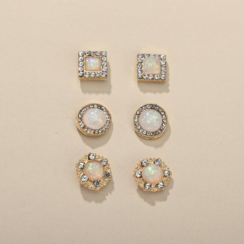 

3pairs Rhinestone Geo Earrings, Multicolor