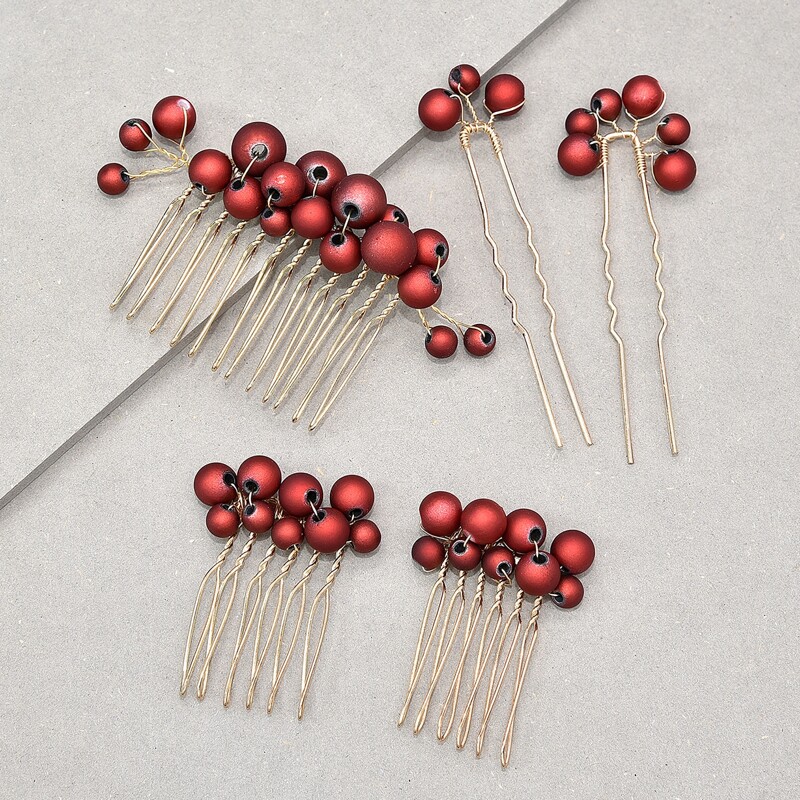 

5pcs Beaded Hair Pin, Red