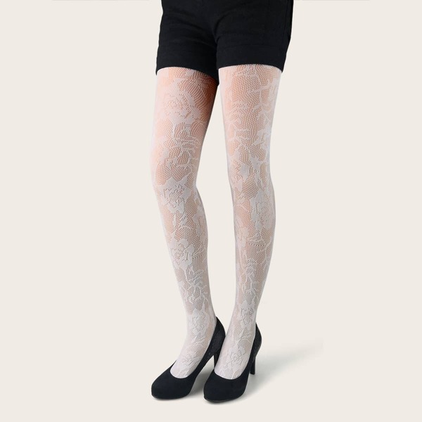 

Floral Pattern Fishnet Socks, White