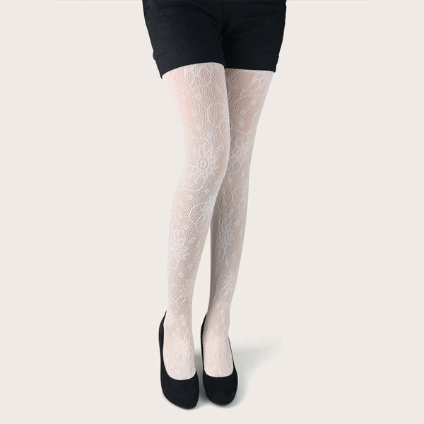 

Floral Pattern Fishnet Socks, White