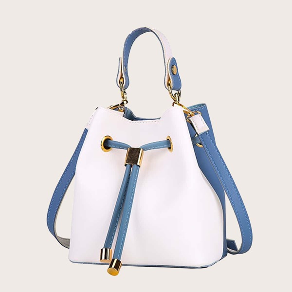 

Two Tone Drawstring Bucket Satchel Bag, White