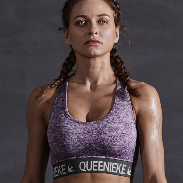 

Letter Tape Marled Knit Sports Bra, Purple