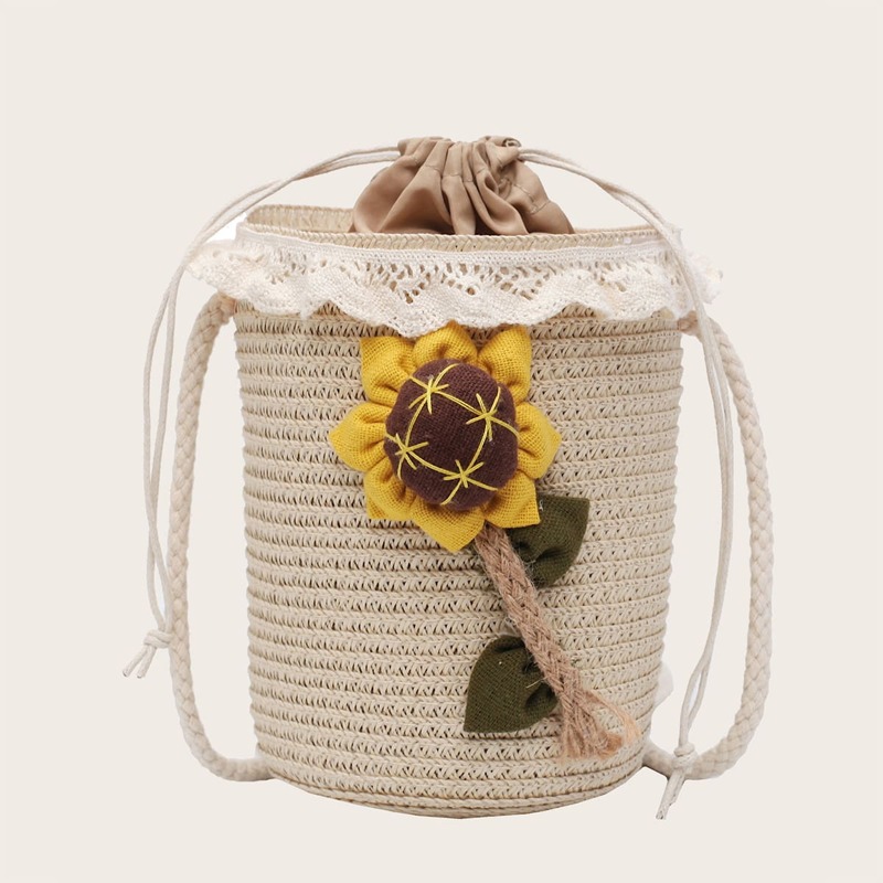 

Sunflower Decor Woven Crossbody Bag With Drawstring, Beige