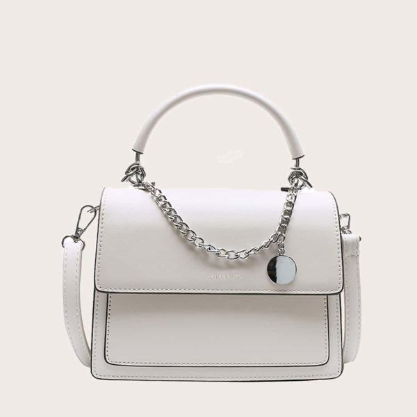 

Letter Chain Decor Flap Satchel Bag, White
