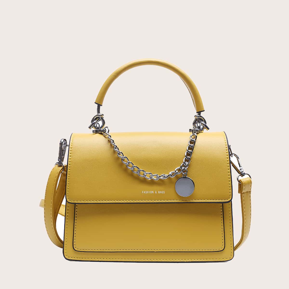 

Chain Decor Flap Satchel Bag, Yellow