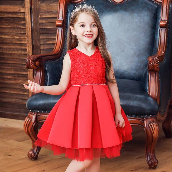 

Платье с вышивкой листа и жемчугами для девочек, Красный