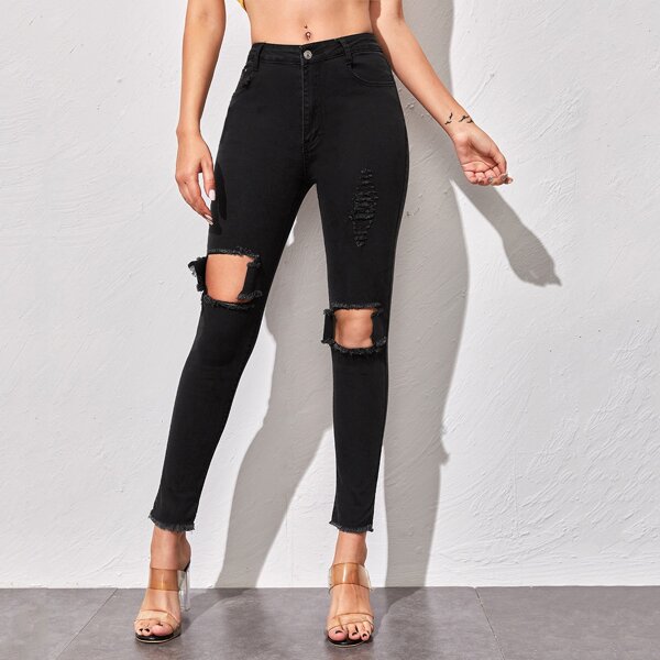 

Solid Ripped Raw Hem Skinny Jeans, Black