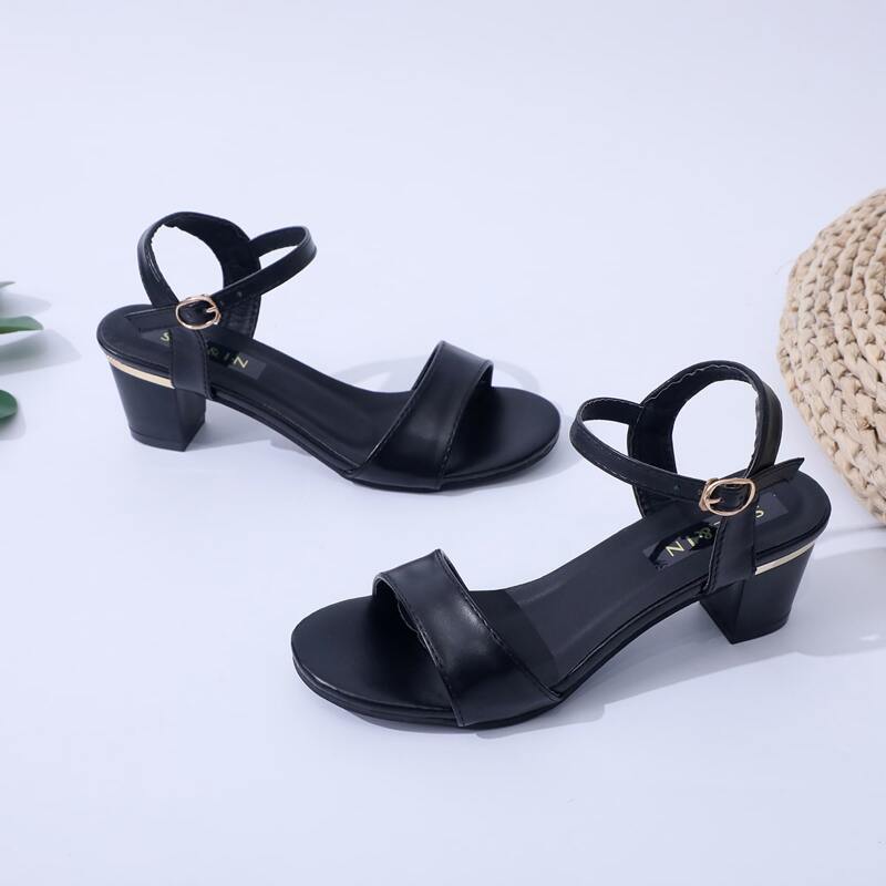 

Open Toe Ankle Strap Chunky Heels, Black