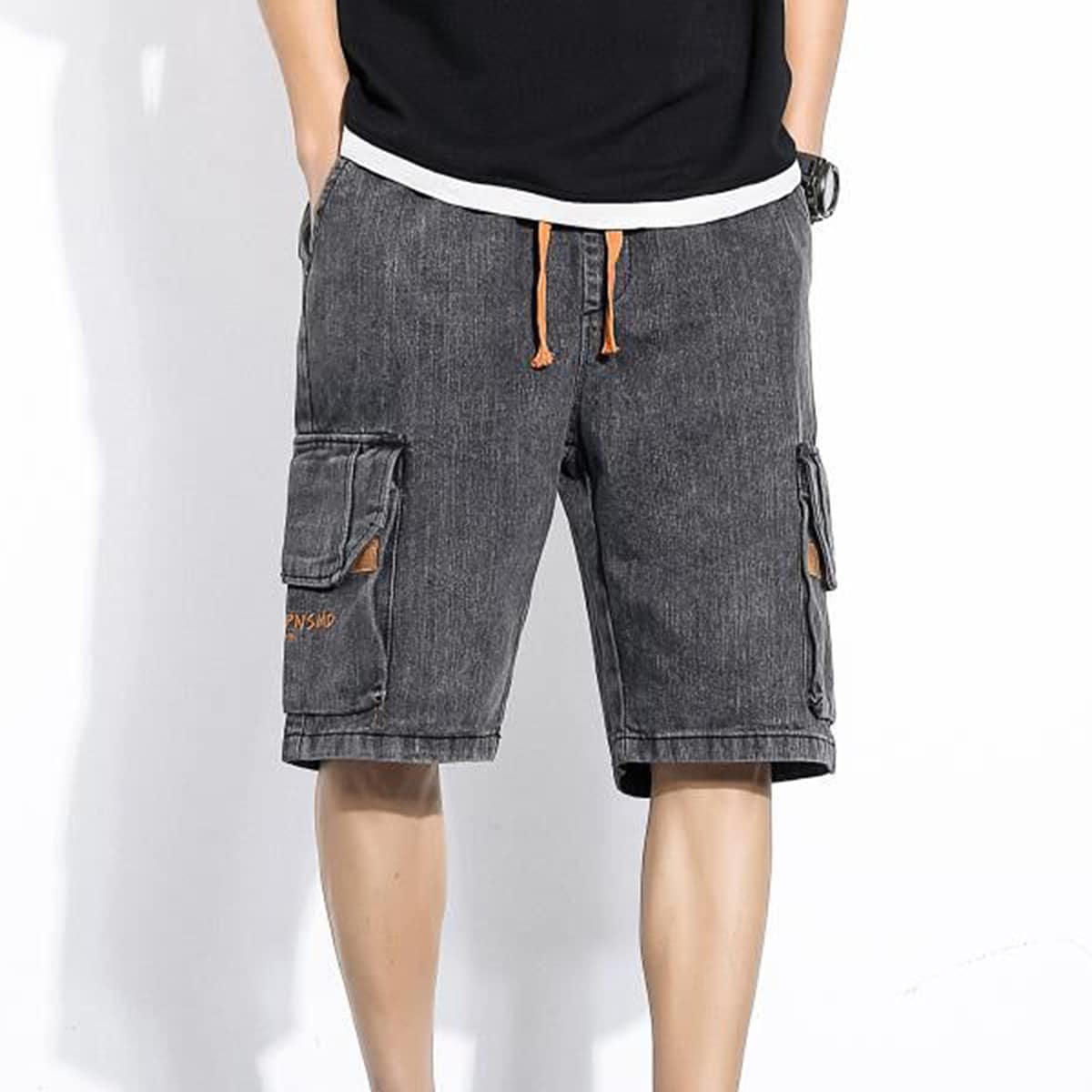 

Guys Flap Pocket Drawstring Denim Shorts, Black