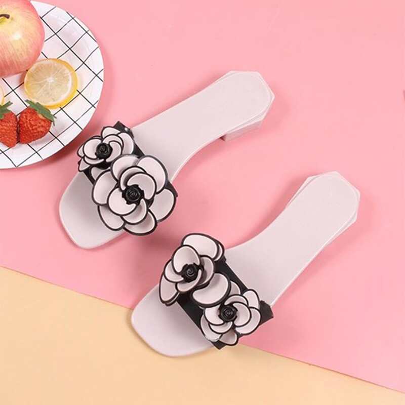 

Open Toe Floral Appliques Sliders, Pink