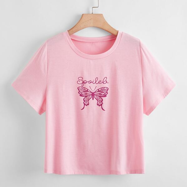 

Plus Butterfly And Letter Graphic Tee, Pink