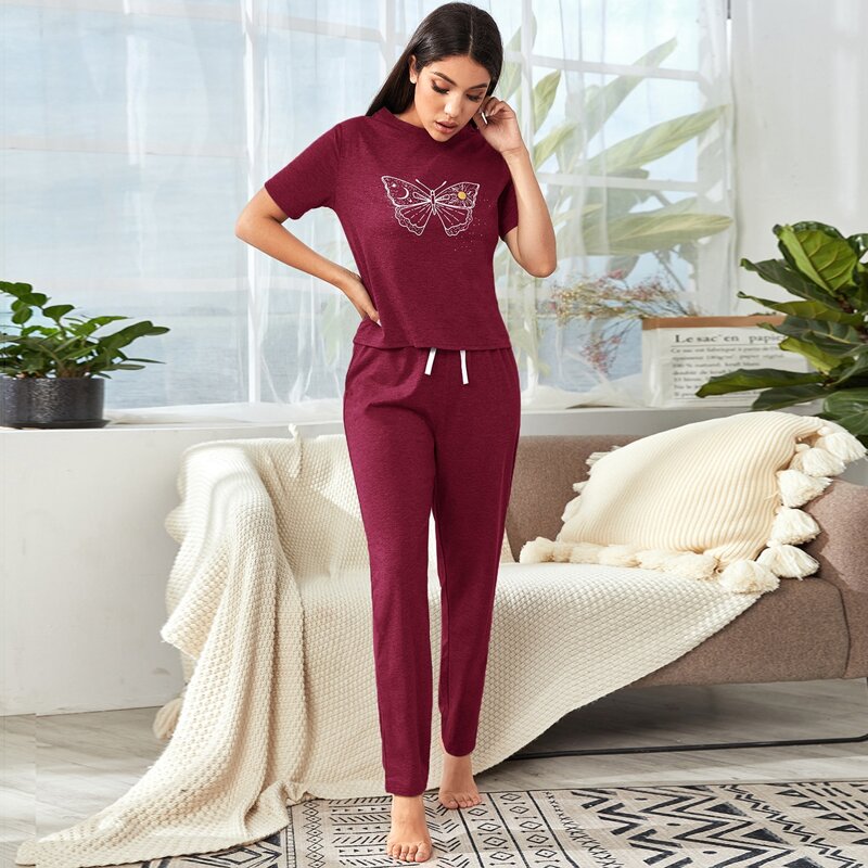 

Butterfly Print Tee With Pants Lounge Set, Burgundy