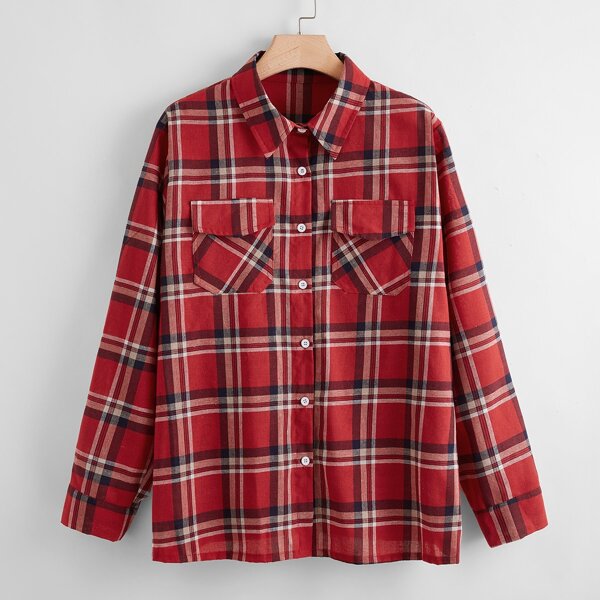 

Plus Tartan Flap Pocket Button Up Blouse, Red