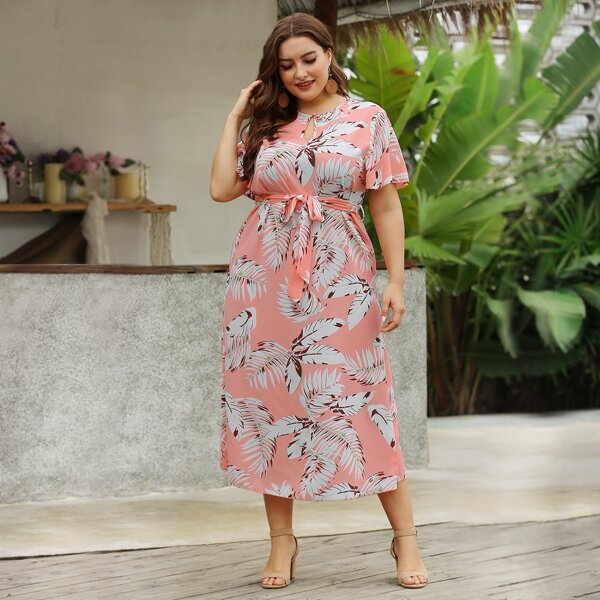 

Plus Plants Print Keyhole Neck Belted Dress, Pink