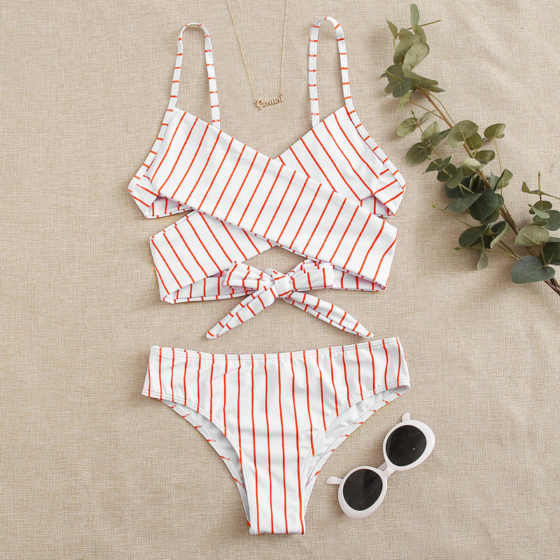 

Striped Wrap Bikini Swimsuit, Red and white