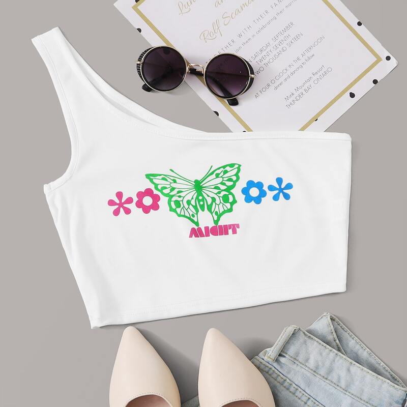 

One Shoulder Butterfly Print Top, White