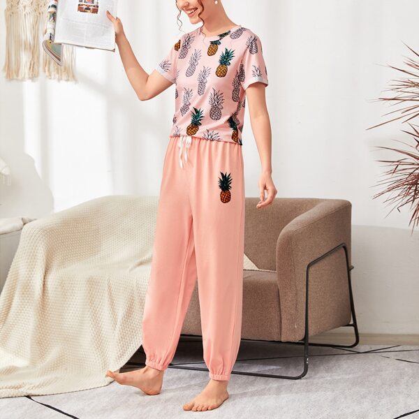 

Pineapple Print Tee With Knot Front Pants, Pink
