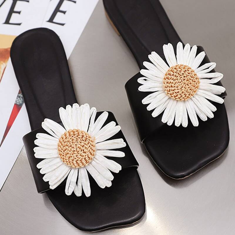 

Open Toe Floral Appliques Sliders, Black