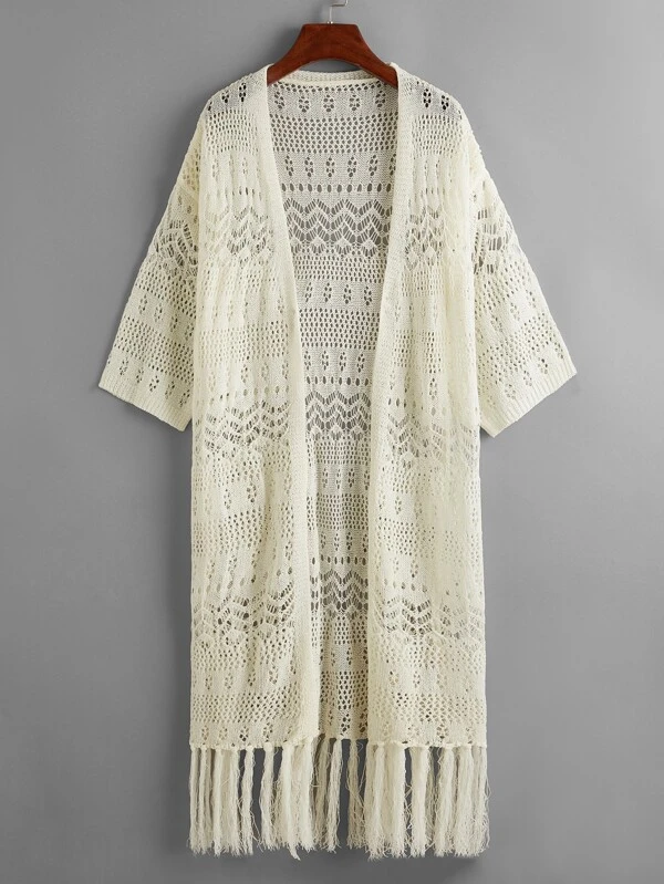 Crochet Fringe Hem Open Front Cardigan Crochet Fringe Hem Open Front Cardigan