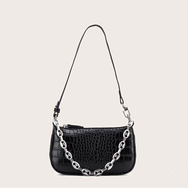 

Chain Decor Croc Embossed Shoulder Bag, Black