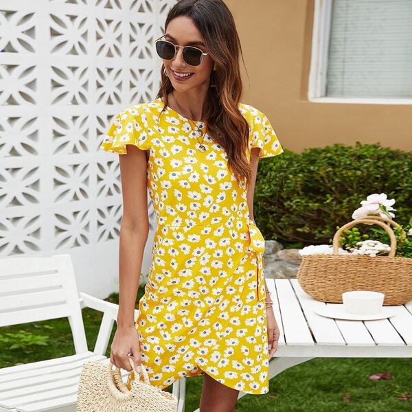 

Wrap Knotted Floral Print Dress, Yellow