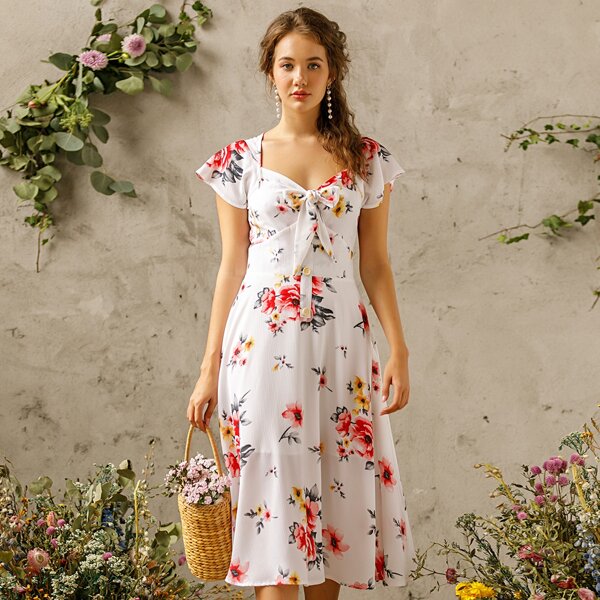

Floral Sweetheart Print Tie Front A-Line Dress, White